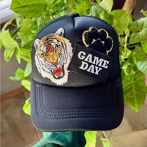 Game day trucker hat with patches. Black with tiger and paw patch. Handmade